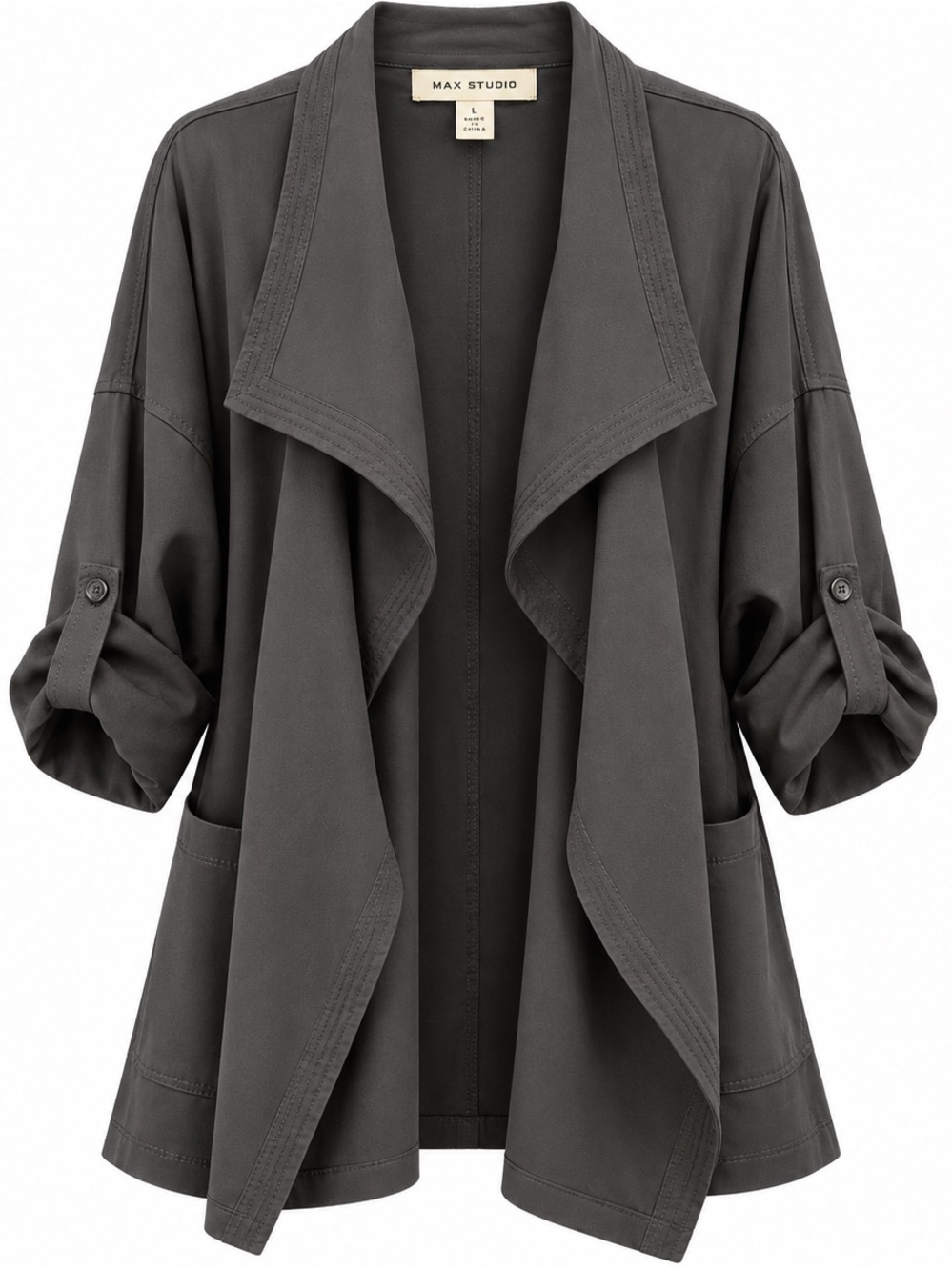 Max Studio Gray Draped Open-Front Trench Jacket